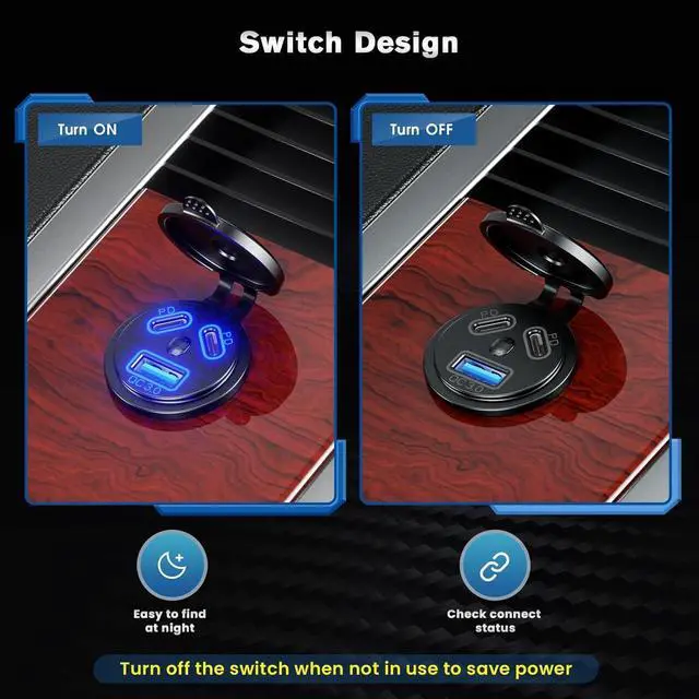 Alt view image 3 of 7 - 12V Type C USB Outlet Quick Car Charger Socket Dual Port Type C Fast Charger Socket Power Waterproof 12V / 24V Marine Boat Motorcycle Truck
