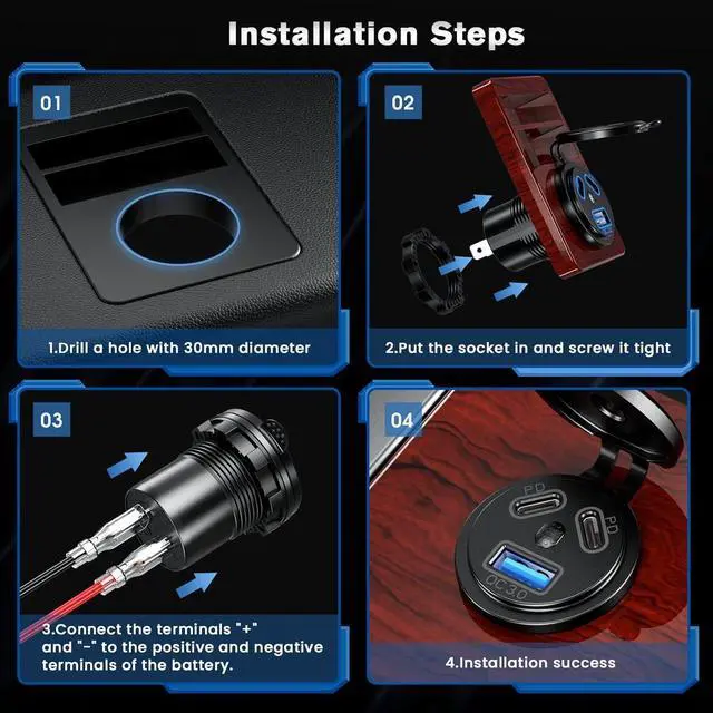 Alt view image 5 of 7 - 12V Type C USB Outlet Quick Car Charger Socket Dual Port Type C Fast Charger Socket Power Waterproof 12V / 24V Marine Boat Motorcycle Truck