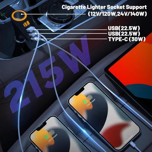 Alt view image 2 of 7 - 4 IN1 215W Cigarette Lighter Adapter, Car Charger, Type C Dual USB Cigarette Lighter Splitter with LED Voltage Display, Cigarette Lighter Adapter for iPhone 16 Pro Max, Android, Samsung Galaxy.