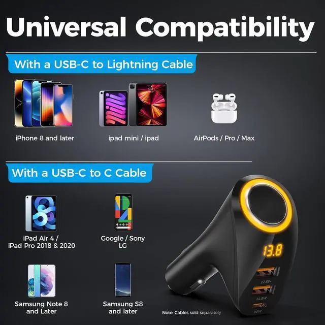 Alt view image 6 of 7 - 4 IN1 215W Cigarette Lighter Adapter, Car Charger, Type C Dual USB Cigarette Lighter Splitter with LED Voltage Display, Cigarette Lighter Adapter for iPhone 16 Pro Max, Android, Samsung Galaxy.