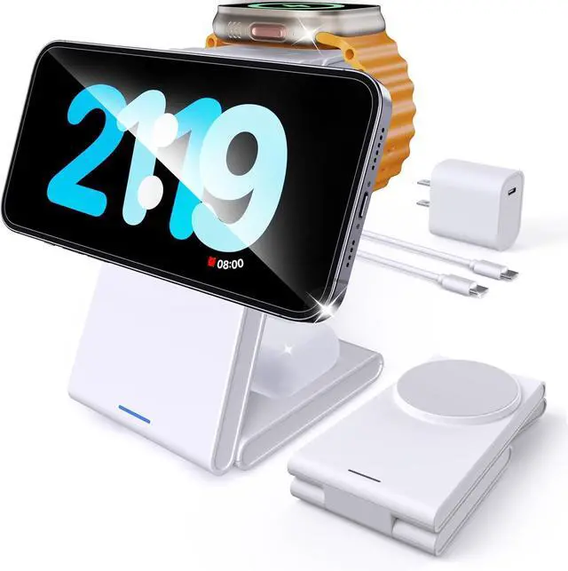 Main image of Foldable 3 in 1 Charging Station for Multiple Devices, Travel Wireless Charger for MagSafe Charger Stand, Magnetic Charging Stand for iPhone 17/16/15/14/13/12 for iWatch AirPods Pure White