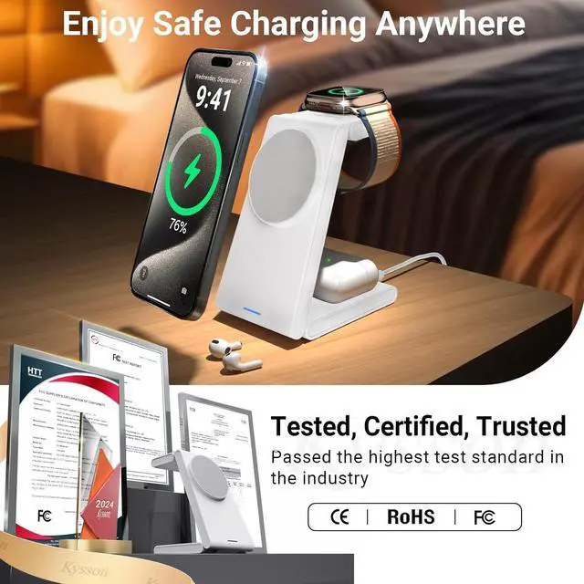 Alt view image 3 of 6 - Foldable 3 in 1 Charging Station for Multiple Devices, Travel Wireless Charger for MagSafe Charger Stand, Magnetic Charging Stand for iPhone 17/16/15/14/13/12 for iWatch AirPods Pure White