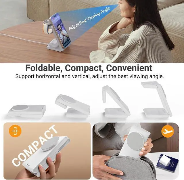 Alt view image 4 of 6 - Foldable 3 in 1 Charging Station for Multiple Devices, Travel Wireless Charger for MagSafe Charger Stand, Magnetic Charging Stand for iPhone 17/16/15/14/13/12 for iWatch AirPods Pure White