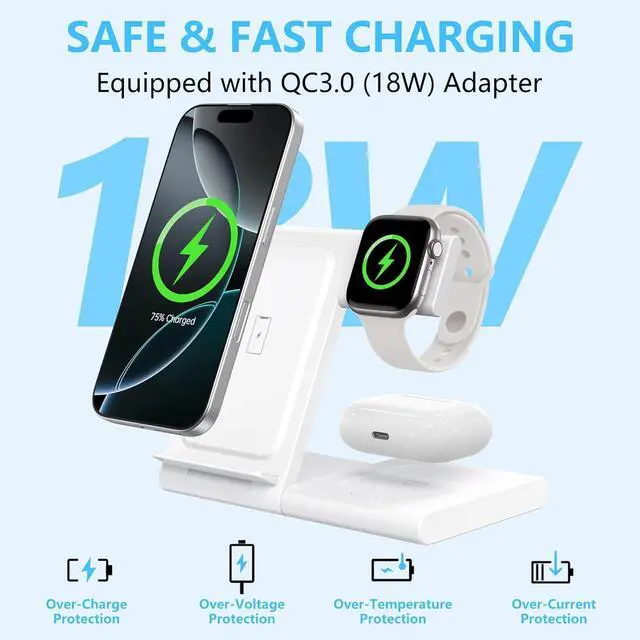 Alt view image 4 of 7 - Charging Station for Multiple Devices  Foldable 3 in 1 Wireless Charger for iPhone 16 15 14 13 12 Pro Max Plus  Watch 10/9/Ultra/8/7/6/5/4/3/2/SE & AirPods 4/3/2/Pro