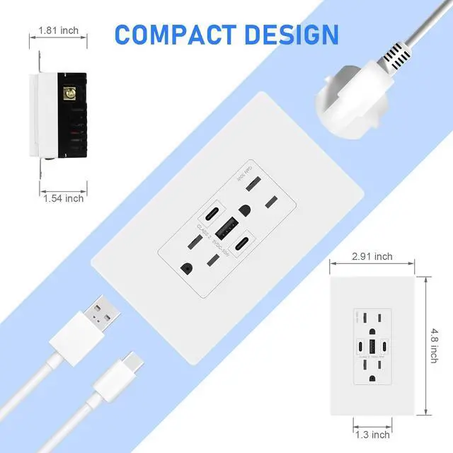 Alt view image 6 of 6 - GaN 30W 6Amp 3-Port USB Wall Outlet, 15 Amp Tamper-Resistant Receptacle with 2 USB Type C & 1 Type A Port, USB Charger for iPhone/iPad/Samsung/LG/HTC, UL Listed