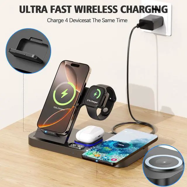 Alt view image 5 of 7 - 2025 Upgrade Wireless Charger 6 in 1 Charging Station 30W Wireless Charger with Clock & 7-Color Night Light Dual Phone Charger for iPhone 16/ Galaxy for AirPods for  Watch