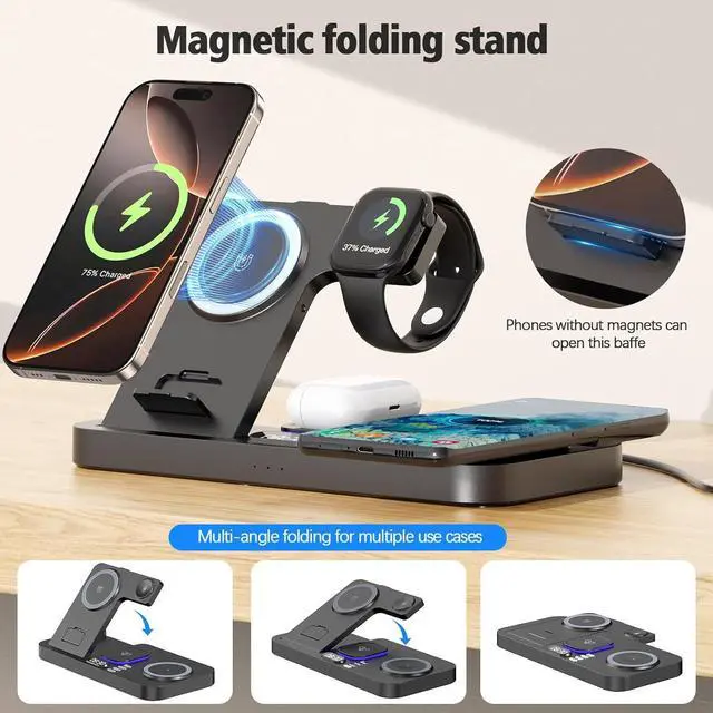 Alt view image 6 of 7 - 2025 Upgrade Wireless Charger 6 in 1 Charging Station 30W Wireless Charger with Clock & 7-Color Night Light Dual Phone Charger for iPhone 16/ Galaxy for AirPods for  Watch