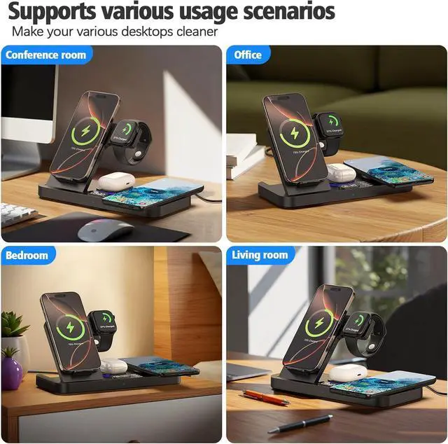 Alt view image 7 of 7 - 2025 Upgrade Wireless Charger 6 in 1 Charging Station 30W Wireless Charger with Clock & 7-Color Night Light Dual Phone Charger for iPhone 16/ Galaxy for AirPods for  Watch