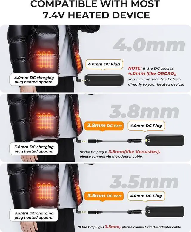 Alt view image 3 of 6 - 7.4V 18400mAh Heated Vest Battery Pack Compatible with ORORO and Venustas, Portable 7.4V Battery Pack for Heated Jacket with 2 Adapter Cables, Power Bank for Heated Vest(No for 5V Heated Device)