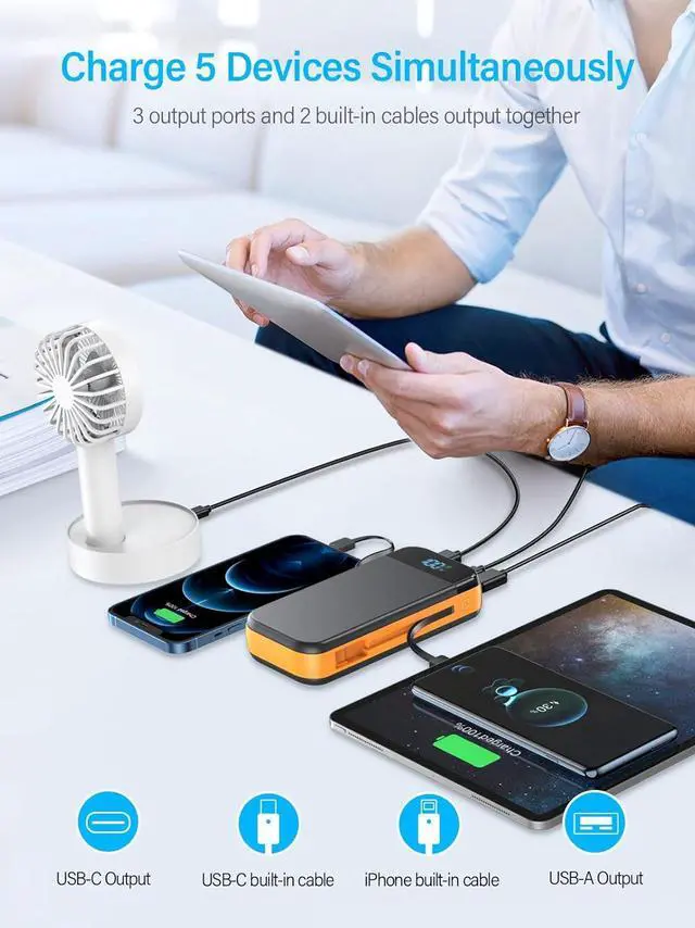 Alt view image 2 of 7 - Portable Charger 32000mAh, 22.5W QC 3.0 PD 20W Smart LED Display Fast Charging Built in Cables Power Bank, External Battery Pack Charge 5 Devices Compatible with Cellphones (Orange)