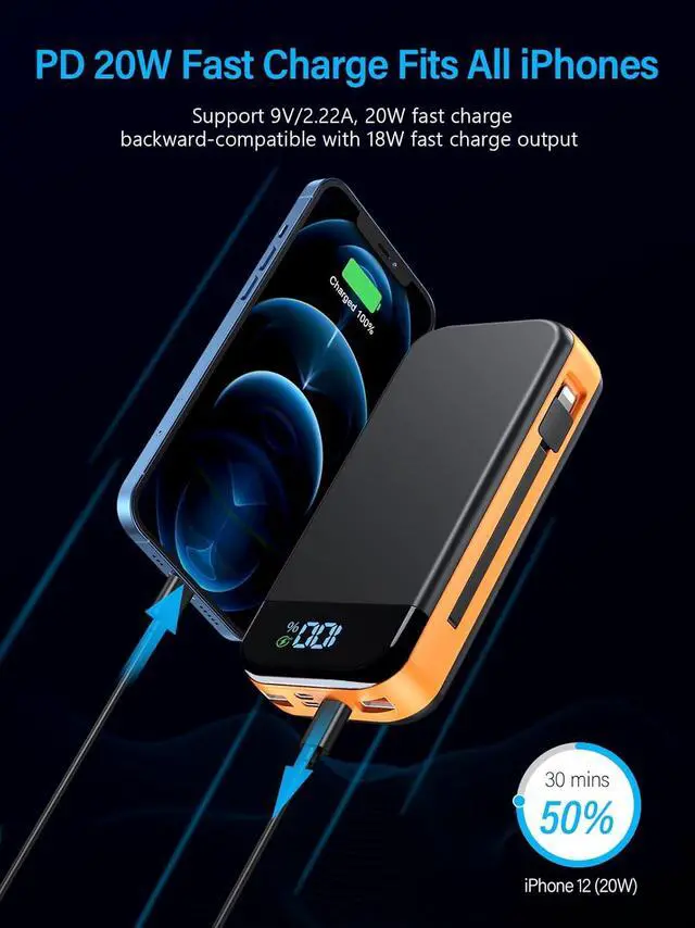 Alt view image 5 of 7 - Portable Charger 32000mAh, 22.5W QC 3.0 PD 20W Smart LED Display Fast Charging Built in Cables Power Bank, External Battery Pack Charge 5 Devices Compatible with Cellphones (Orange)