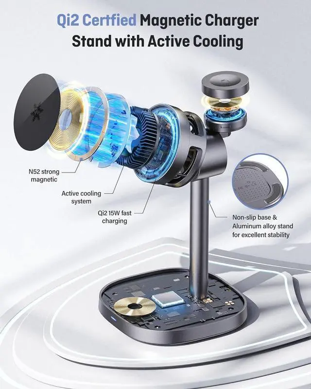 Alt view image 5 of 7 - 2025 New Magnetic Wireless Charger Stand with TEC Active Cooling 15W Qi2-Certified 3 in 1 Charging Station for  Charger Stand Wireless Charger for iPhone17/16/15/14/13/12  Watch AirPods
