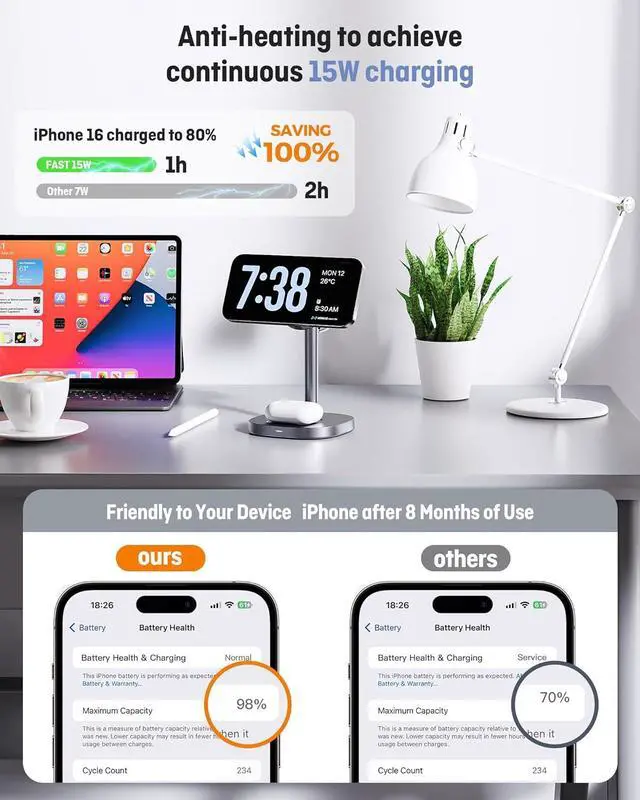 Alt view image 7 of 7 - 2025 New Magnetic Wireless Charger Stand with TEC Active Cooling 15W Qi2-Certified 3 in 1 Charging Station for  Charger Stand Wireless Charger for iPhone17/16/15/14/13/12  Watch AirPods