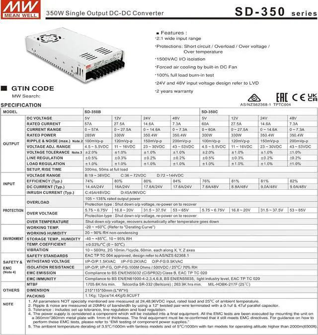 Alt view image 7 of 7 - Mean Well MW 350W Single Output DC-DC Converter Meanwell 24v Power Supply 350w Dc Uninterruptible 24V 14.6A (SD-350D-24 24V/14.6A/350.4W/Power Supply)