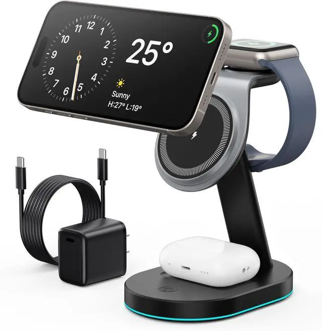 Main image of 3 in 1 Wireless Charger Charging Station for iPhone Qi2 Certified 15W Magnetic Charging Stand for Mag-Safe with 30W USB C Adapter&Friendly Night Light for iPhone 16/15/14/13/12  Watch AirPods