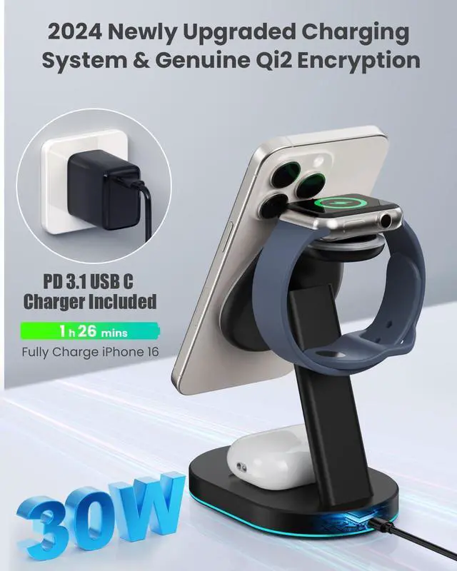 Alt view image 2 of 7 - 3 in 1 Wireless Charger Charging Station for iPhone Qi2 Certified 15W Magnetic Charging Stand for Mag-Safe with 30W USB C Adapter&Friendly Night Light for iPhone 16/15/14/13/12  Watch AirPods