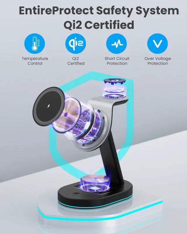 Alt view image 4 of 7 - 3 in 1 Wireless Charger Charging Station for iPhone Qi2 Certified 15W Magnetic Charging Stand for Mag-Safe with 30W USB C Adapter&Friendly Night Light for iPhone 16/15/14/13/12  Watch AirPods