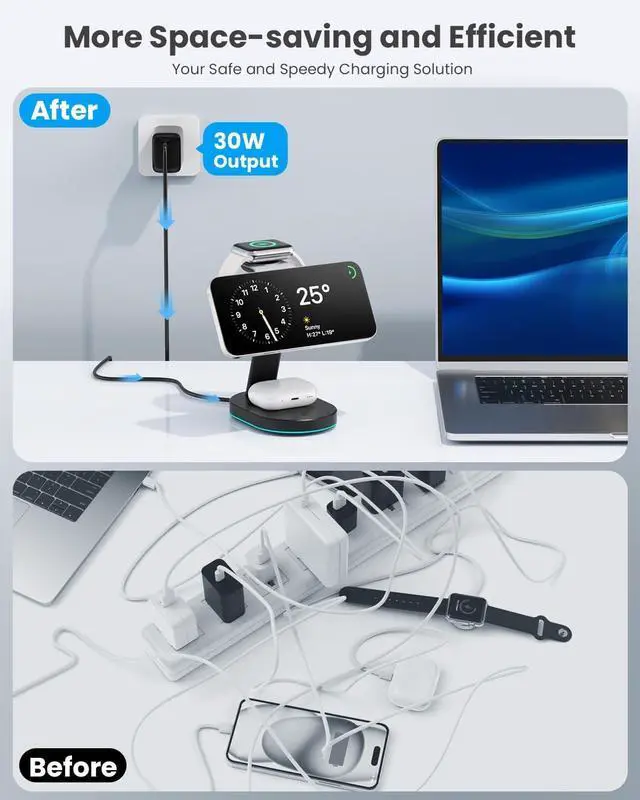 Alt view image 7 of 7 - 3 in 1 Wireless Charger Charging Station for iPhone Qi2 Certified 15W Magnetic Charging Stand for Mag-Safe with 30W USB C Adapter&Friendly Night Light for iPhone 16/15/14/13/12  Watch AirPods