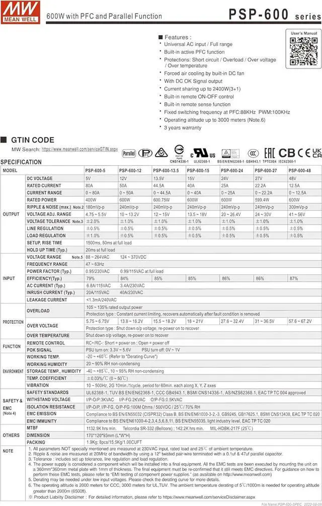 Alt view image 3 of 5 - Mean Well PSP-600-12 600W with PFC and Parallel Function PSP-600 12V/50A