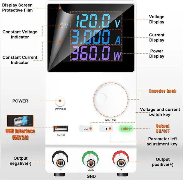 Alt view image 2 of 6 - Lab Bench Power Supply Adjustable 30V 10A 5A 60V 120V 3A Current Voltage Power Regulator Test DC USB 300W Source(60V 5A)