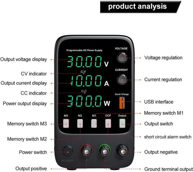 Alt view image 4 of 6 - Adjustable DC Power Supply 30V 10A Lab Programmable Memory Function Bench Power Source Voltage Regulator Switch 60V 5A(160V 2A)
