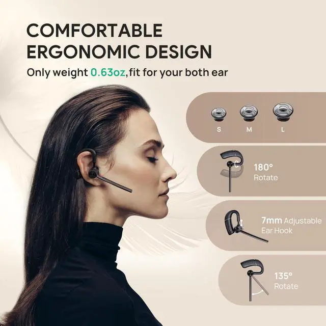 Alt view image 2 of 7 - Mono wireless earpiece with 4-mic beamforming noise cancellation, up to 10 hours of talk time, adjustable ear hook for all-day comfortperfect for office, driving, and business calls.