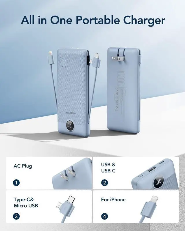Alt view image 2 of 7 - Portable Charger for iPhone Built in Cables and Wall Plug, 10000mah Slim Fast Charging USB C Power Bank, Travel Essential Battery Pack Compatible with iPhones, iPad, Samsung More Devices(Blue)