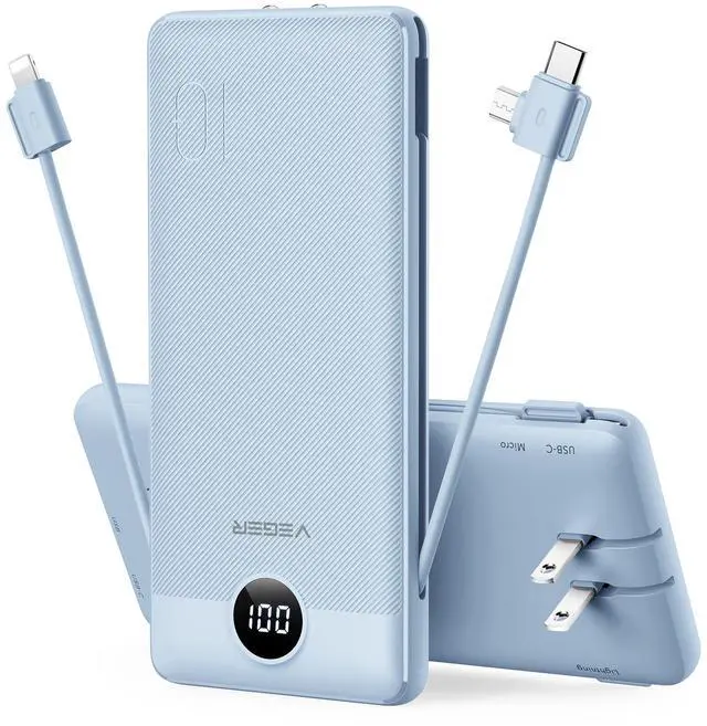Main image of Portable Charger for iPhone Built in Cables and Wall Plug, 10000mah Slim Fast Charging USB C Power Bank, Travel Essential Battery Pack Compatible with iPhones, iPad, Samsung More Devices(Blue)