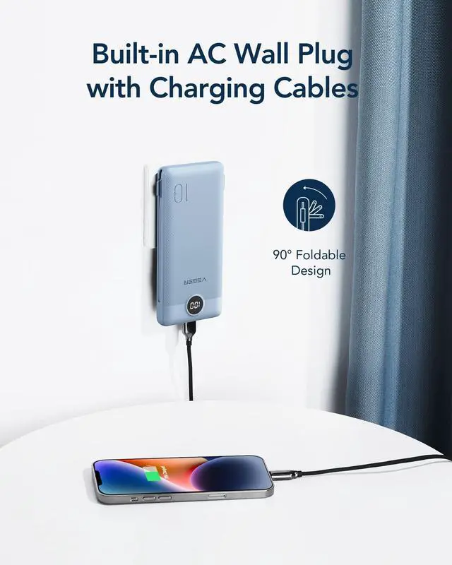 Alt view image 3 of 7 - Portable Charger for iPhone Built in Cables and Wall Plug, 10000mah Slim Fast Charging USB C Power Bank, Travel Essential Battery Pack Compatible with iPhones, iPad, Samsung More Devices(Blue)
