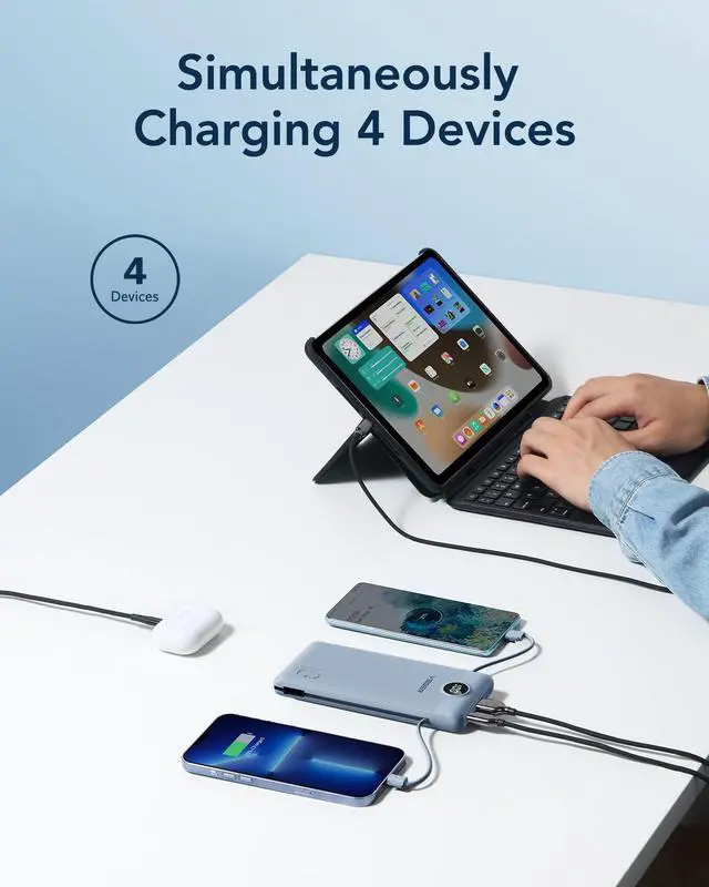 Alt view image 4 of 7 - Portable Charger for iPhone Built in Cables and Wall Plug, 10000mah Slim Fast Charging USB C Power Bank, Travel Essential Battery Pack Compatible with iPhones, iPad, Samsung More Devices(Blue)