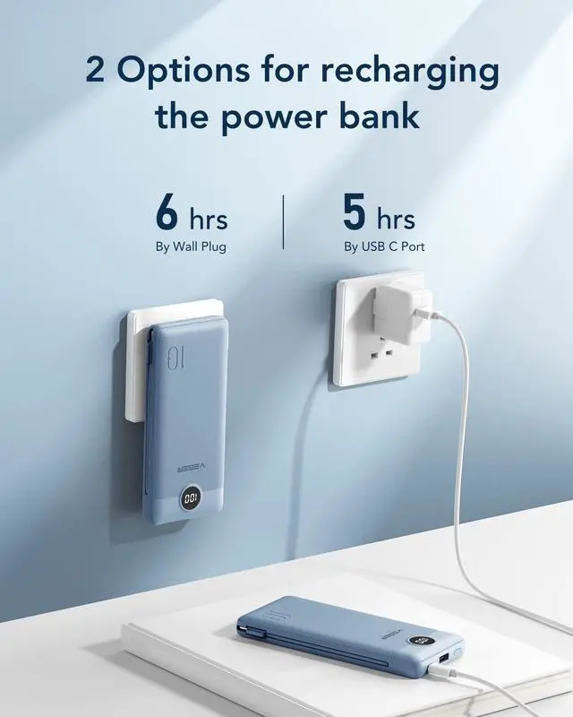Alt view image 5 of 7 - Portable Charger for iPhone Built in Cables and Wall Plug, 10000mah Slim Fast Charging USB C Power Bank, Travel Essential Battery Pack Compatible with iPhones, iPad, Samsung More Devices(Blue)