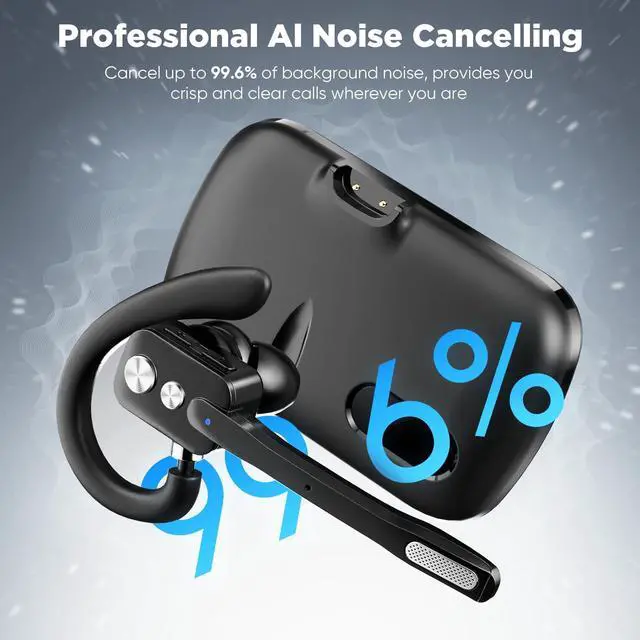 Alt view image 2 of 6 - Bluetooth Headset  Single-Ear V5.3 Wireless Earpiece with Dual-Mic Noise Canceling, Mute Button & Hands-Free Calling for Business, Remote Work, iOS & Android (Black).