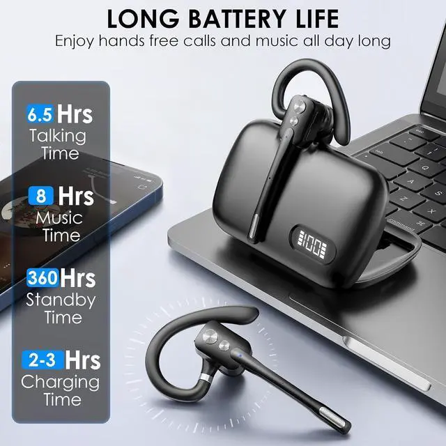 Alt view image 3 of 6 - Bluetooth Headset  Single-Ear V5.3 Wireless Earpiece with Dual-Mic Noise Canceling, Mute Button & Hands-Free Calling for Business, Remote Work, iOS & Android (Black).