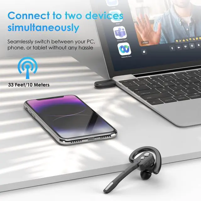 Alt view image 4 of 6 - Bluetooth Headset  Single-Ear V5.3 Wireless Earpiece with Dual-Mic Noise Canceling, Mute Button & Hands-Free Calling for Business, Remote Work, iOS & Android (Black).