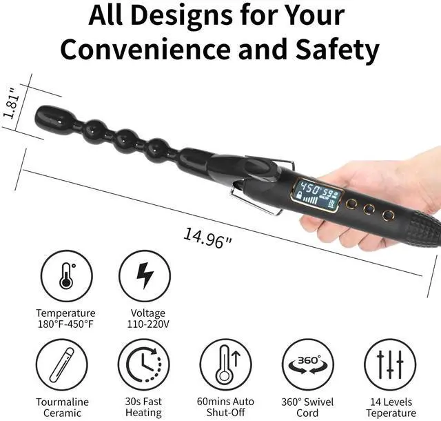 Alt view image 5 of 7 - _Mega Brand 1 inch Ceramic Bubble Wand Curling Iron Spiral Curling Wand for Short & Long Hair, 15 Adjustable Temp, Dual Voltage, Heat-Resistant Glove Included Brown