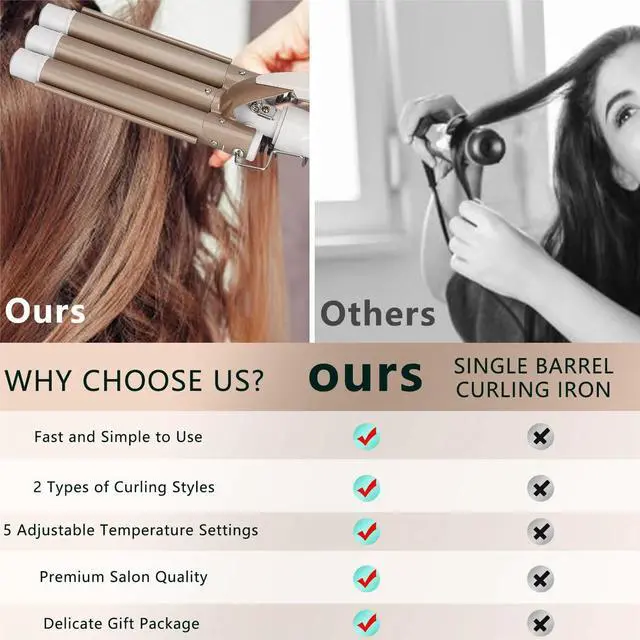 Alt view image 2 of 7 - _Mega Brand 1 inch Ceramic Tourmaline Triple Barrel Curling Iron 3 Barrel Hair Waver, 5 Adjustable Temps, Dual Voltage, Hair Crimper for Women & Girls Gold