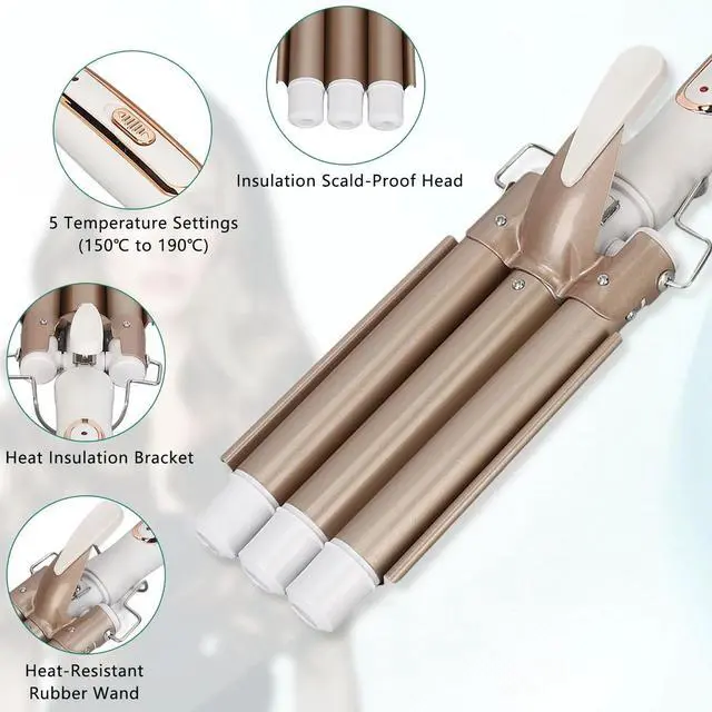 Alt view image 3 of 7 - _Mega Brand 1 inch Ceramic Tourmaline Triple Barrel Curling Iron 3 Barrel Hair Waver, 5 Adjustable Temps, Dual Voltage, Hair Crimper for Women & Girls Gold