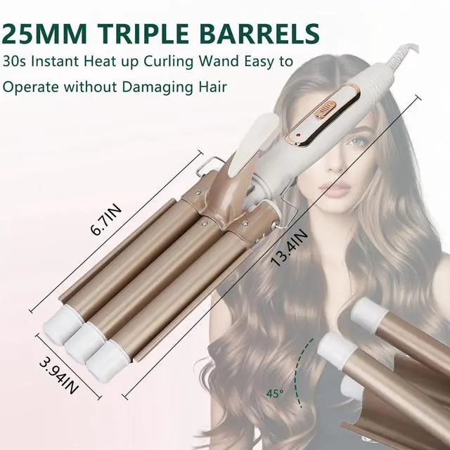 Alt view image 5 of 7 - _Mega Brand 1 inch Ceramic Tourmaline Triple Barrel Curling Iron 3 Barrel Hair Waver, 5 Adjustable Temps, Dual Voltage, Hair Crimper for Women & Girls Gold