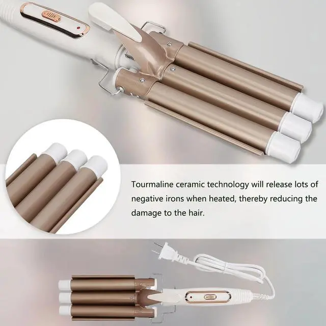 Alt view image 4 of 7 - _Mega Brand 1 inch Ceramic Tourmaline Triple Barrel Curling Iron 3 Barrel Hair Waver, 5 Adjustable Temps, Dual Voltage, Hair Crimper for Women & Girls Gold