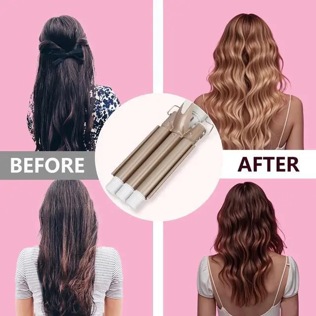 Alt view image 6 of 7 - _Mega Brand 1 inch Ceramic Tourmaline Triple Barrel Curling Iron 3 Barrel Hair Waver, 5 Adjustable Temps, Dual Voltage, Hair Crimper for Women & Girls Gold