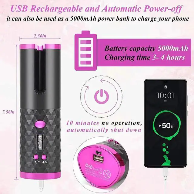 Alt view image 6 of 6 - _Mega Brand Portable Automatic Hair Curler, Ceramic Rotating Wireless Auto Curling Iron Wand, USB Rechargeable Spin Curler for Hair Styling - Black