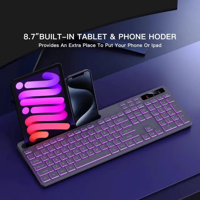 Alt view image 2 of 7 - _Mega Brand Wireless RGB Gaming Keyboard 7-Color LED Backlit, Full-Size 104-Key, Rechargeable 2.4 GHz, Detachable Phone/Tablet Stand, Grey | Works with Mac, Windows, PC, Laptop, PS5/PS4, Smart TV