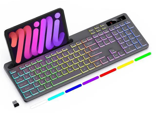 Main image of _Mega Brand Wireless RGB Gaming Keyboard 7-Color LED Backlit, Full-Size 104-Key, Rechargeable 2.4 GHz, Detachable Phone/Tablet Stand, Grey | Works with Mac, Windows, PC, Laptop, PS5/PS4, Smart TV