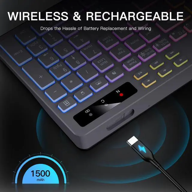 Alt view image 5 of 7 - _Mega Brand Wireless RGB Gaming Keyboard 7-Color LED Backlit, Full-Size 104-Key, Rechargeable 2.4 GHz, Detachable Phone/Tablet Stand, Grey | Works with Mac, Windows, PC, Laptop, PS5/PS4, Smart TV