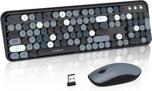Main image of _Mega Brand Cute Retro Wireless Keyboard and Mouse Combo 2.4 GHz Dropout-Free Connection, Typewriter-Style Round Keys, Colorful Grey Set for PC, Laptop, Desktop