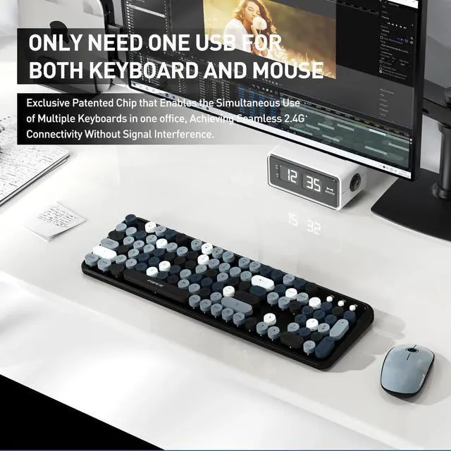 Alt view image 2 of 4 - _Mega Brand Cute Retro Wireless Keyboard and Mouse Combo 2.4 GHz Dropout-Free Connection, Typewriter-Style Round Keys, Colorful Grey Set for PC, Laptop, Desktop