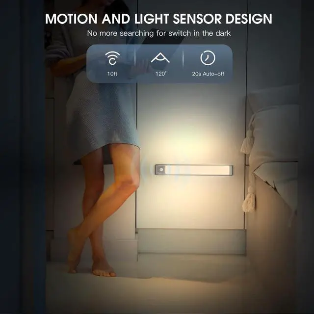 Alt view image 5 of 7 - _Mega Brand 14.7 inch Under Cabinet Lighting, 2 Pack Rechargeable Motion Sensor Light, 5 Levels Dimmable Magnetic Closet Lights, Wireless Under Counter Lights for Kitchen, Stairs, Hallway