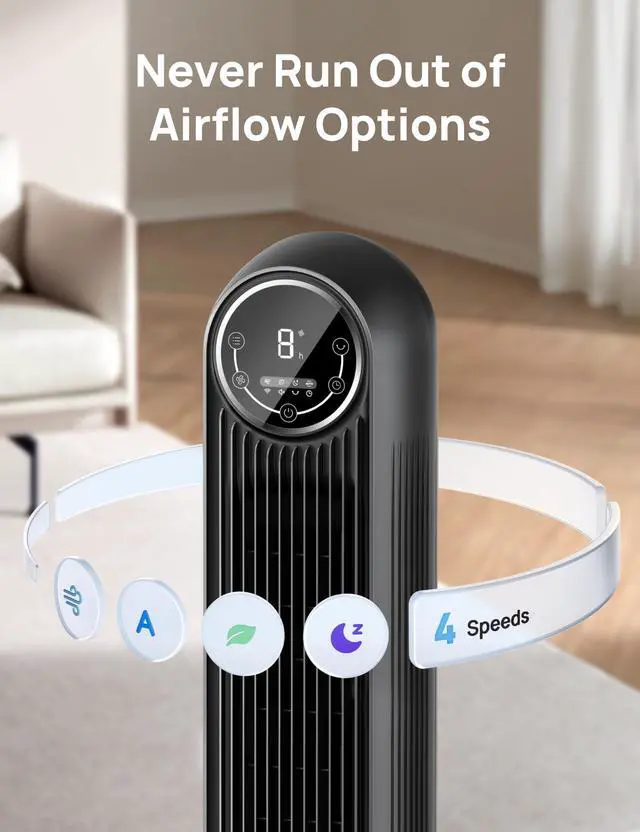 Alt view image 6 of 7 - _Mega Brand Tower Fan for Bedroom  Smart Oscillating Quiet Bladeless Floor Fan with Remote, WiFi Voice Control (Alexa/Google), 4 Modes, 4 Speeds, 8H Timer, 28dB