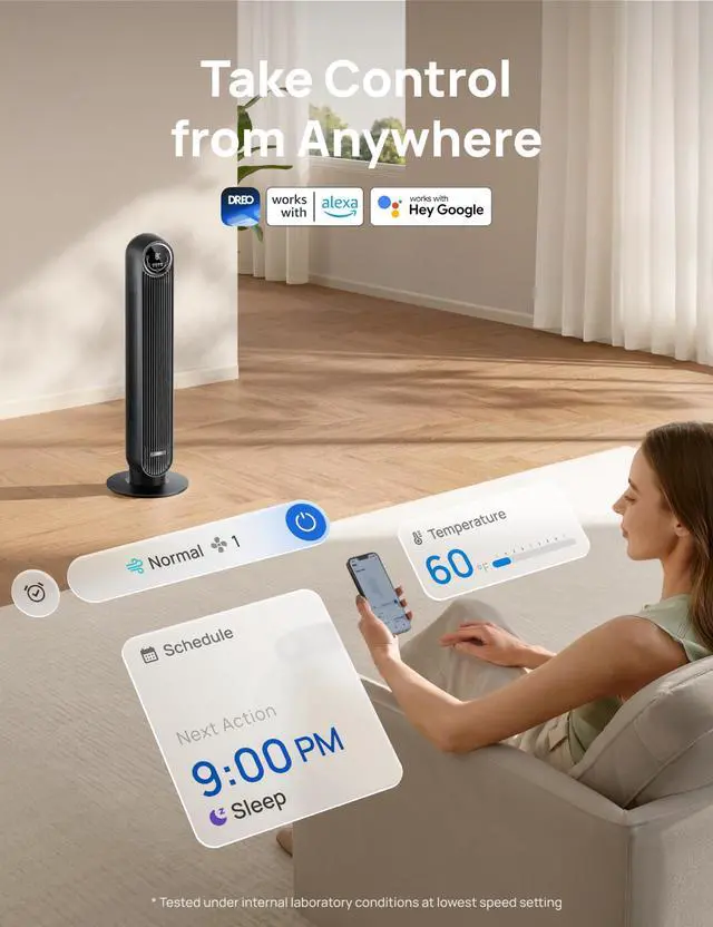Alt view image 7 of 7 - _Mega Brand Tower Fan for Bedroom  Smart Oscillating Quiet Bladeless Floor Fan with Remote, WiFi Voice Control (Alexa/Google), 4 Modes, 4 Speeds, 8H Timer, 28dB