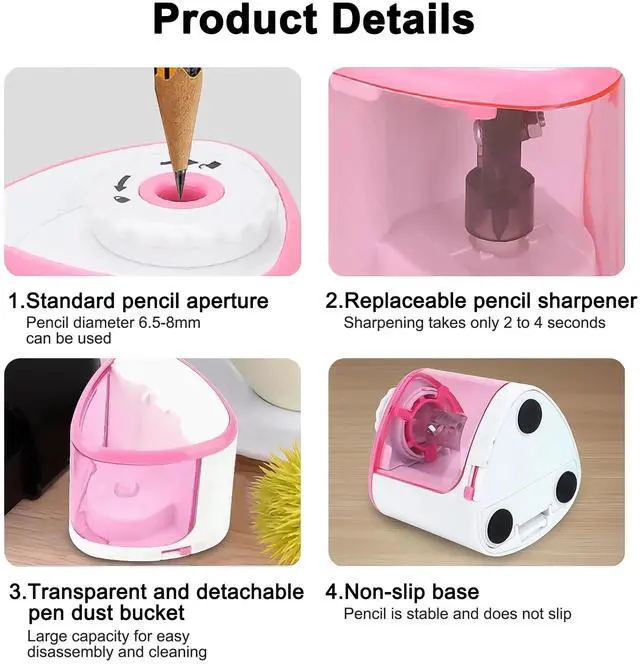 Alt view image 2 of 7 - _Mega Brand Electric Pencil Sharpener, Automatic Sharpener Fit for No.2 and 6-8 mm Pencils, Electric Sharpener with Auto Stop - Pink